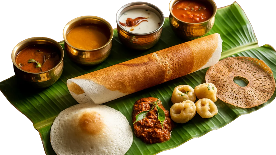 Masala dosa, idli, vada, sambar and chutneys served on a banana leaf