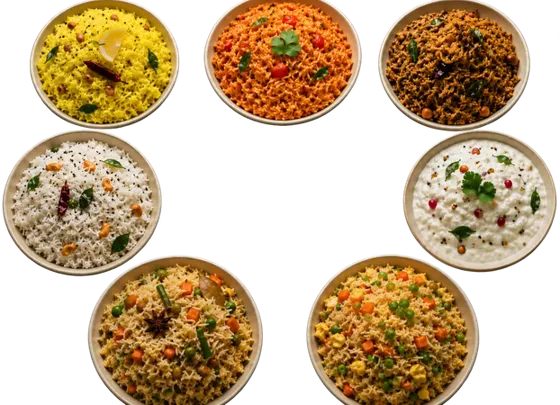 Bowls of lemon, tamarind, tomato and yogurt rice